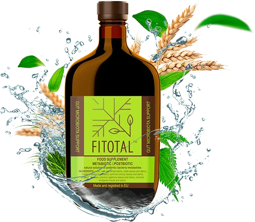 Fľaša Fitotal s obilnými klasmi a listami rastlín, z ktorých vzniká