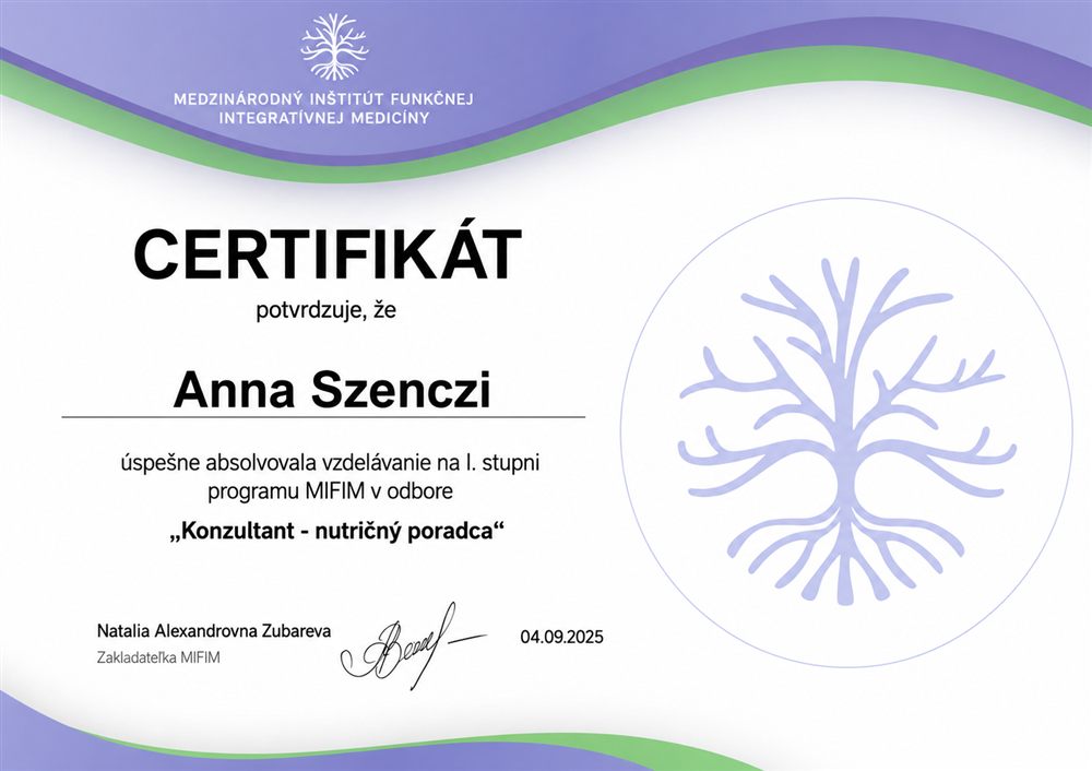 Certifikát MIFIM: Anna Szenczi úspešne absolvovala vzdelávanie na I. stupni programu MIFIM v odbore Konzultant - nutričný poradca, 04.09.2025