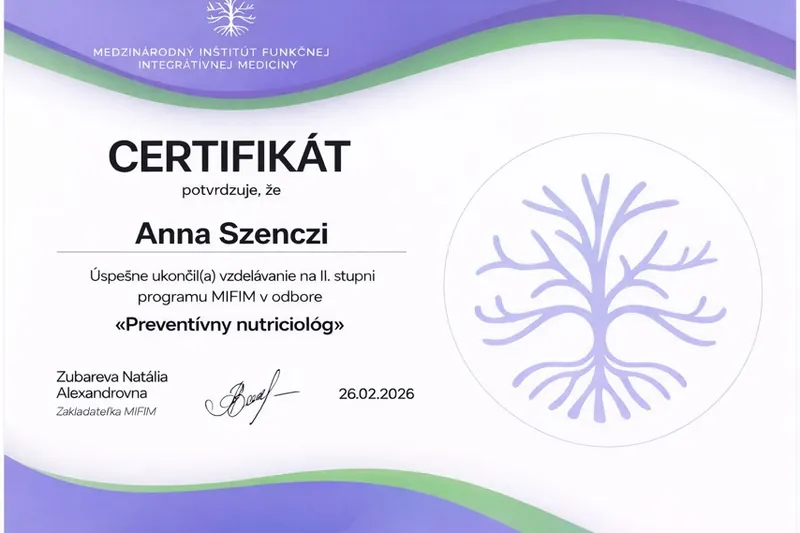 Certifikát MIFIM: Anna Szenczi úspešne ukončila vzdelávanie na II. stupni programu MIFIM v odbore Preventívny nutriciológ, 26.02.2026