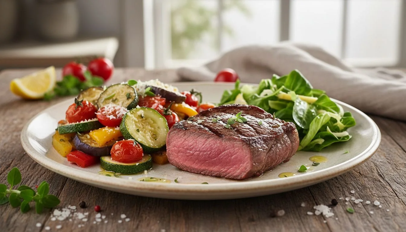 Steak z hovädzej sviečkovice s ratatouille a zeleným šalátom